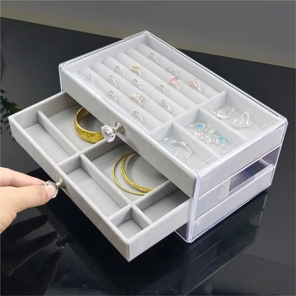 Box Jewelry Storage Box Travel box(Gray) Women's jewelry bo New Convenient Three-layer Three-drawer Jewelry honey monotony hopewell rebate Box Earring Ring Necklace Watch Velvet 