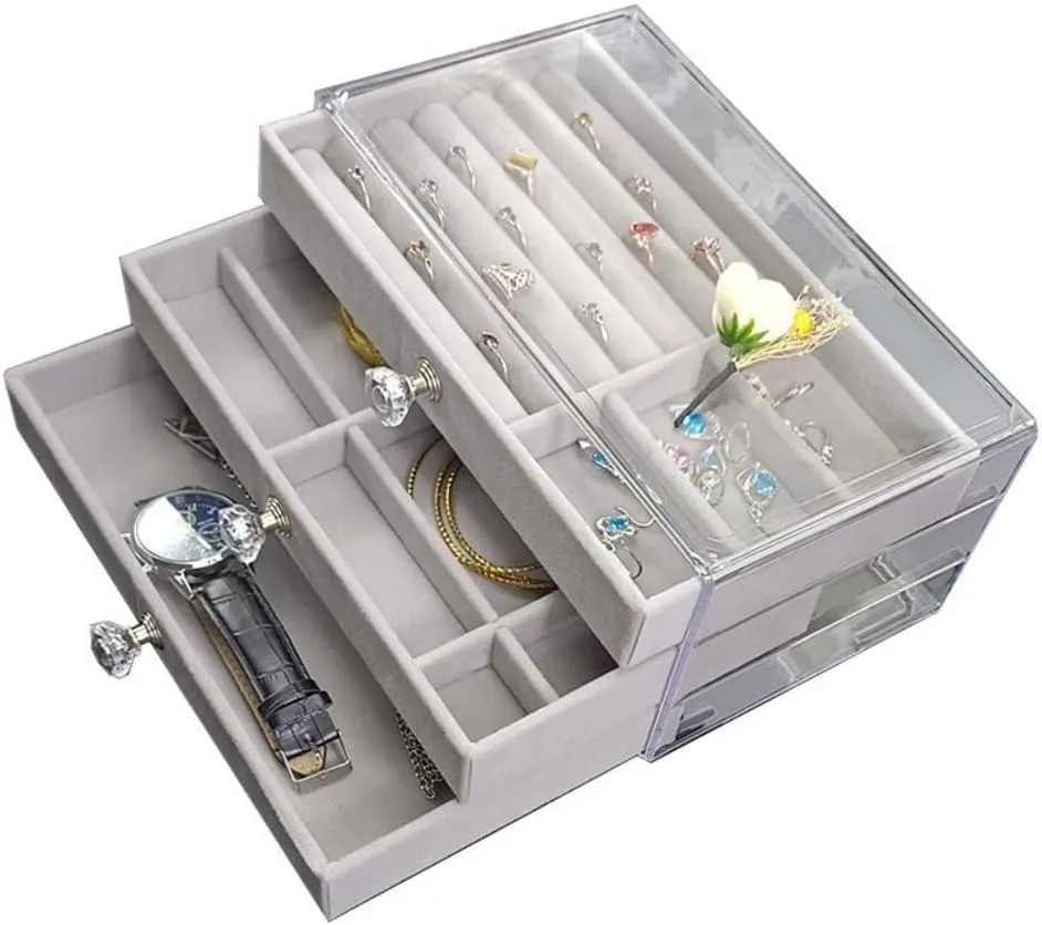 Box Jewelry Storage Box Travel box(Gray) Women's jewelry bo New Convenient Three-layer Three-drawer Jewelry honey monotony hopewell rebate Box Earring Ring Necklace Watch Velvet 