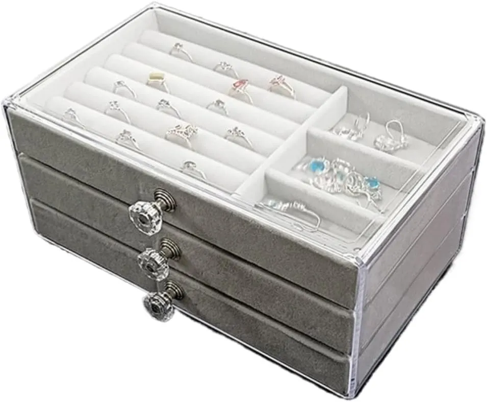 Box Jewelry Storage Box Travel box(Gray) Women's jewelry bo New Convenient Three-layer Three-drawer Jewelry honey monotony hopewell rebate Box Earring Ring Necklace Watch Velvet 