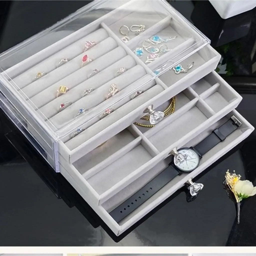 Box Jewelry Storage Box Travel box(Gray) Women's jewelry bo New Convenient Three-layer Three-drawer Jewelry honey monotony hopewell rebate Box Earring Ring Necklace Watch Velvet 