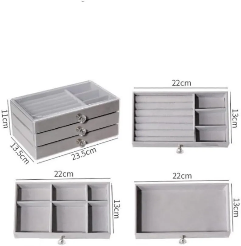 Box Jewelry Storage Box Travel box(Gray) Women's jewelry bo New Convenient Three-layer Three-drawer Jewelry honey monotony hopewell rebate Box Earring Ring Necklace Watch Velvet 