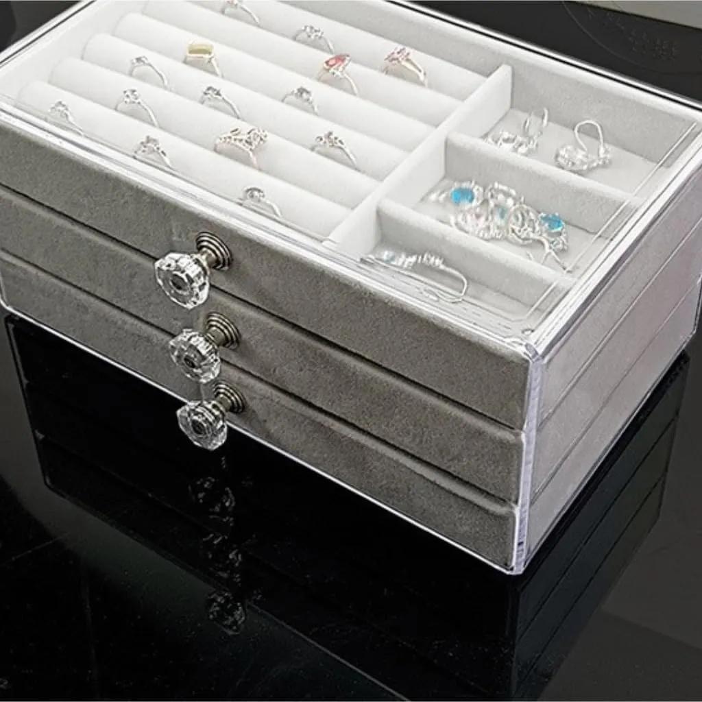 Box Jewelry Storage Box Travel box(Gray) Women's jewelry bo New Convenient Three-layer Three-drawer Jewelry honey monotony hopewell rebate Box Earring Ring Necklace Watch Velvet 