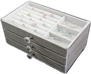 Box Jewelry Storage Box Travel box(Gray) Women's jewelry bo New Convenient Three-layer Three-drawer Jewelry honey monotony hopewell rebate Box Earring Ring Necklace Watch Velvet 