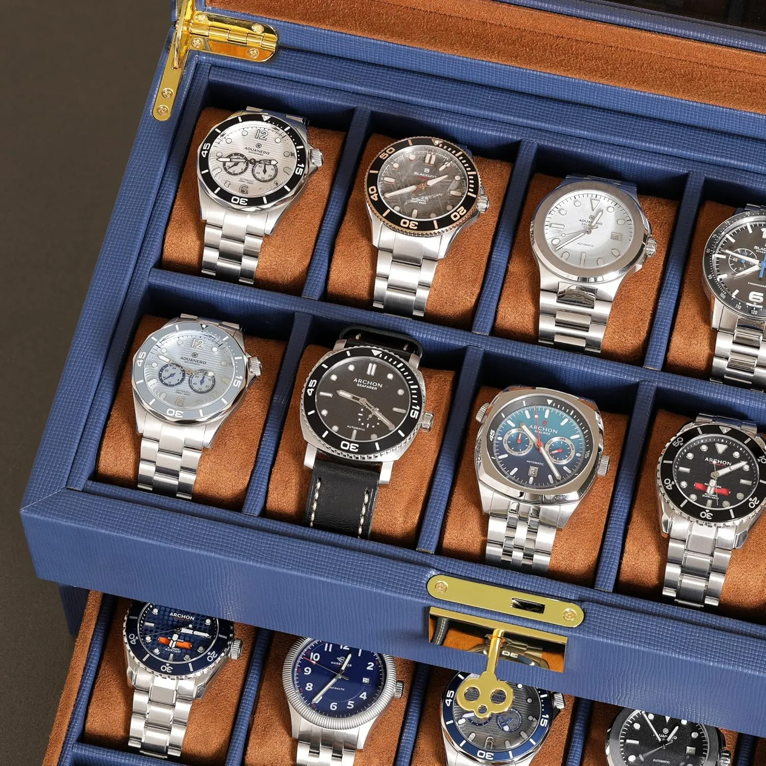 box - Luxury Case Display Jewelry Organizer, Locking Display Case Holder with Large Real Glass Top - Watch Box Organizer for Men and Women (Blue/Tan) ROTHWELL 20 Slot overtax caledonian repute philosophy exemplary Leather Watch 