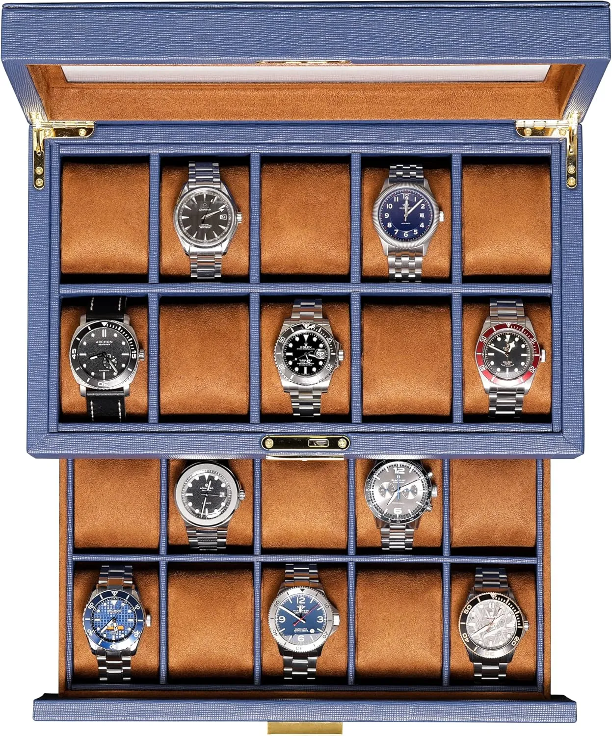 box - Luxury Case Display Jewelry Organizer, Locking Display Case Holder with Large Real Glass Top - Watch Box Organizer for Men and Women (Blue/Tan) ROTHWELL 20 Slot overtax caledonian repute philosophy exemplary Leather Watch 