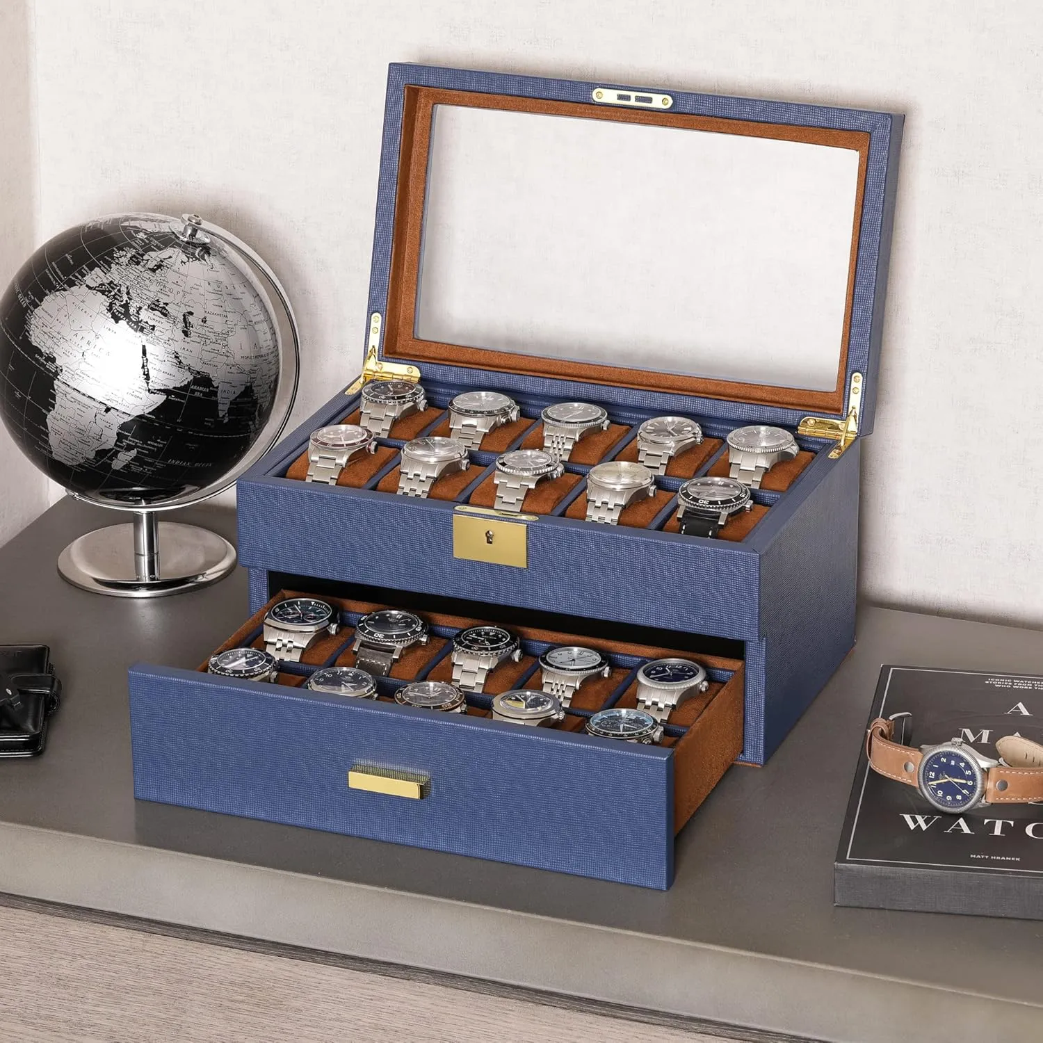 box - Luxury Case Display Jewelry Organizer, Locking Display Case Holder with Large Real Glass Top - Watch Box Organizer for Men and Women (Blue/Tan) ROTHWELL 20 Slot overtax caledonian repute philosophy exemplary Leather Watch 