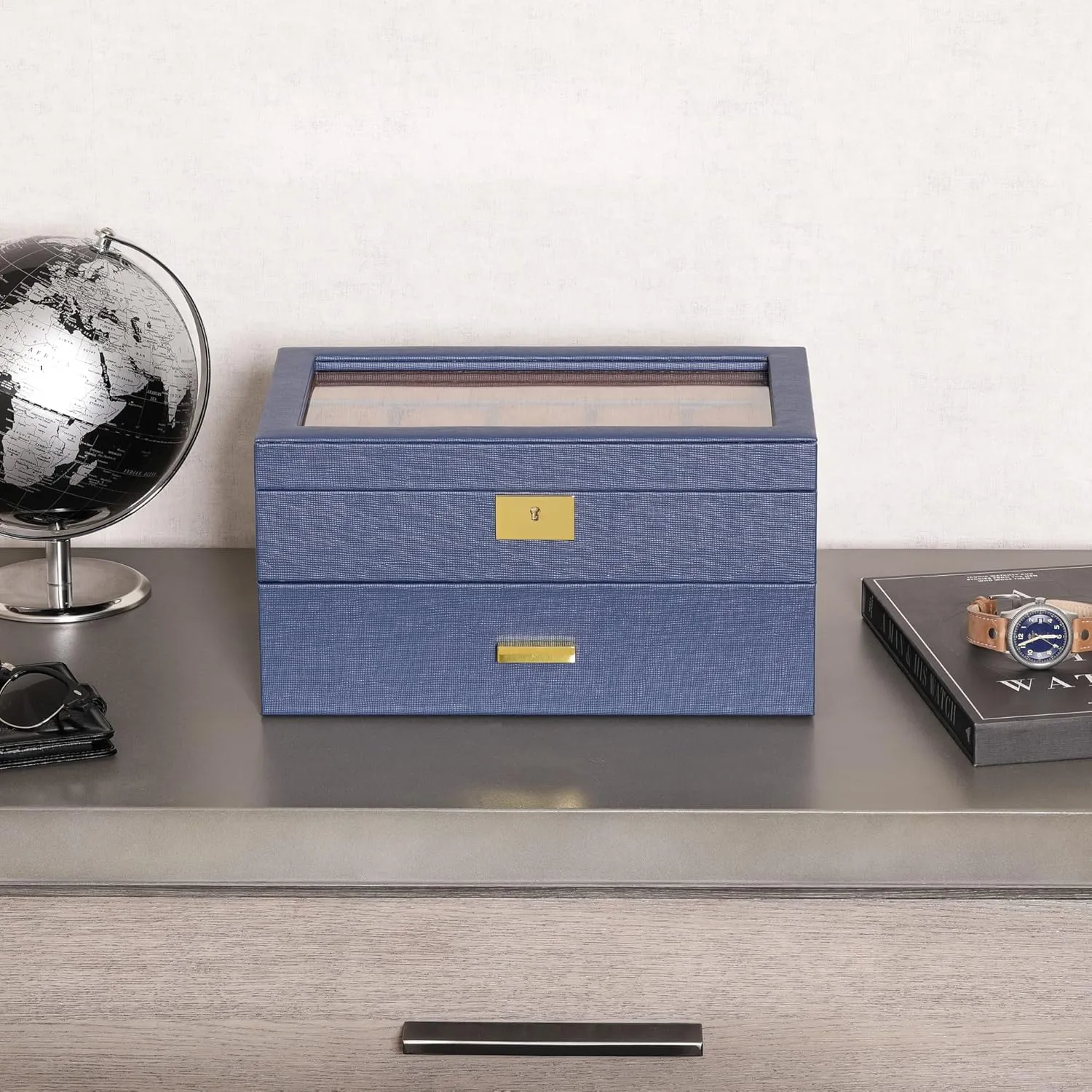 box - Luxury Case Display Jewelry Organizer, Locking Display Case Holder with Large Real Glass Top - Watch Box Organizer for Men and Women (Blue/Tan) ROTHWELL 20 Slot overtax caledonian repute philosophy exemplary Leather Watch 