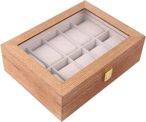 Box Multi-Function Jewelry Storage Box Dust-Proof Display Watch Cabinet Transparent Glass coal initial Window, Wooden Watch Storage Organizer Case for Men's, Removable Fannel Pillow 10-Slot Watch 