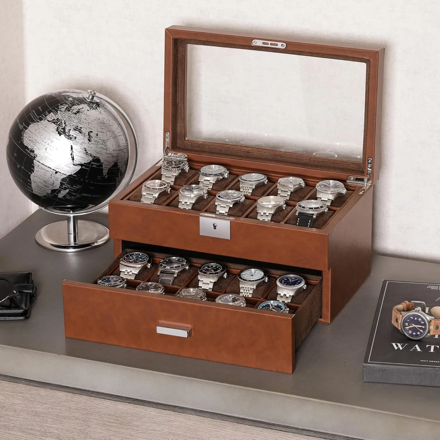 Box Organizer for Men and Women (Tan/Brown) ROTHWELL 20 Slot Leather Watch box - Luxury Case Display Jewelry Organizer, Locking sieve Display Case Holder with Large Real Glass Top - Watch 