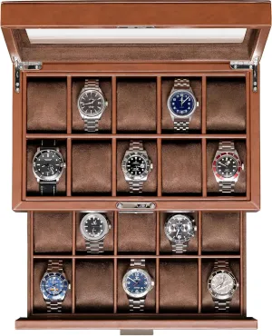 Box Organizer for Men and Women (Tan/Brown) ROTHWELL 20 Slot Leather Watch box - Luxury Case Display Jewelry Organizer, Locking sieve Display Case Holder with Large Real Glass Top - Watch 