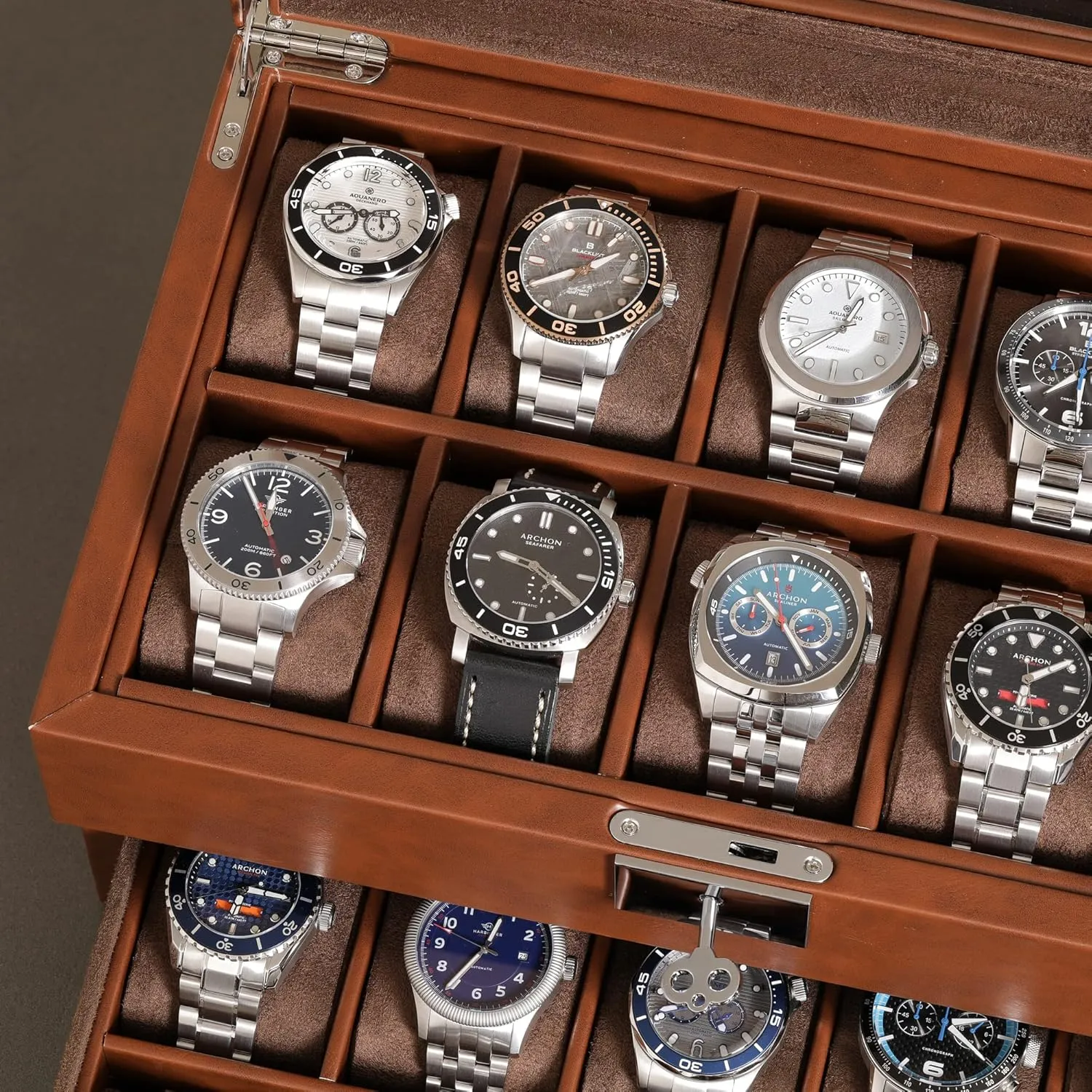 Box Organizer for Men and Women (Tan/Brown) ROTHWELL 20 Slot Leather Watch box - Luxury Case Display Jewelry Organizer, Locking sieve Display Case Holder with Large Real Glass Top - Watch 