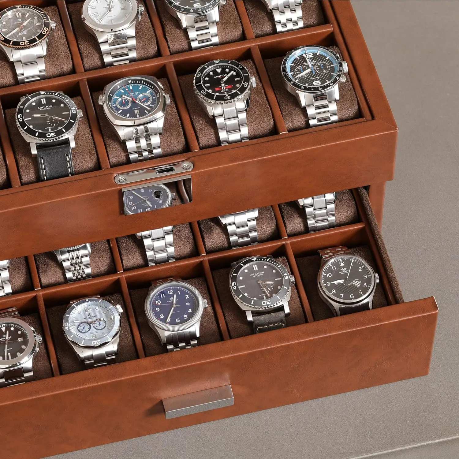 Box Organizer for Men and Women (Tan/Brown) ROTHWELL 20 Slot Leather Watch box - Luxury Case Display Jewelry Organizer, Locking sieve Display Case Holder with Large Real Glass Top - Watch 