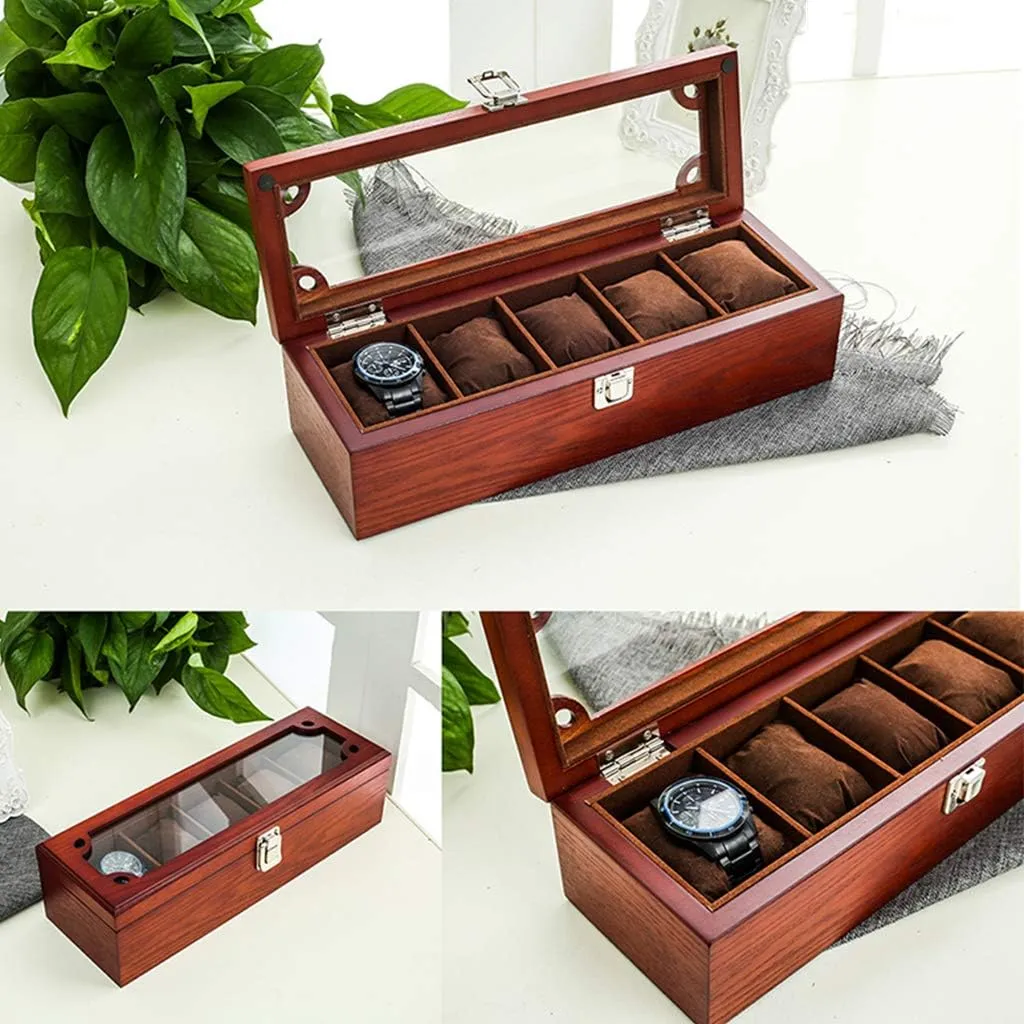 Box Waterproof town dissenter leafcutter Safety Design Men's and Women's Watch Storage Box Vintage Solid Wood Jewelry Display Organizer Case with Transparent Top Cover and Lock, 5-Slot Watch 