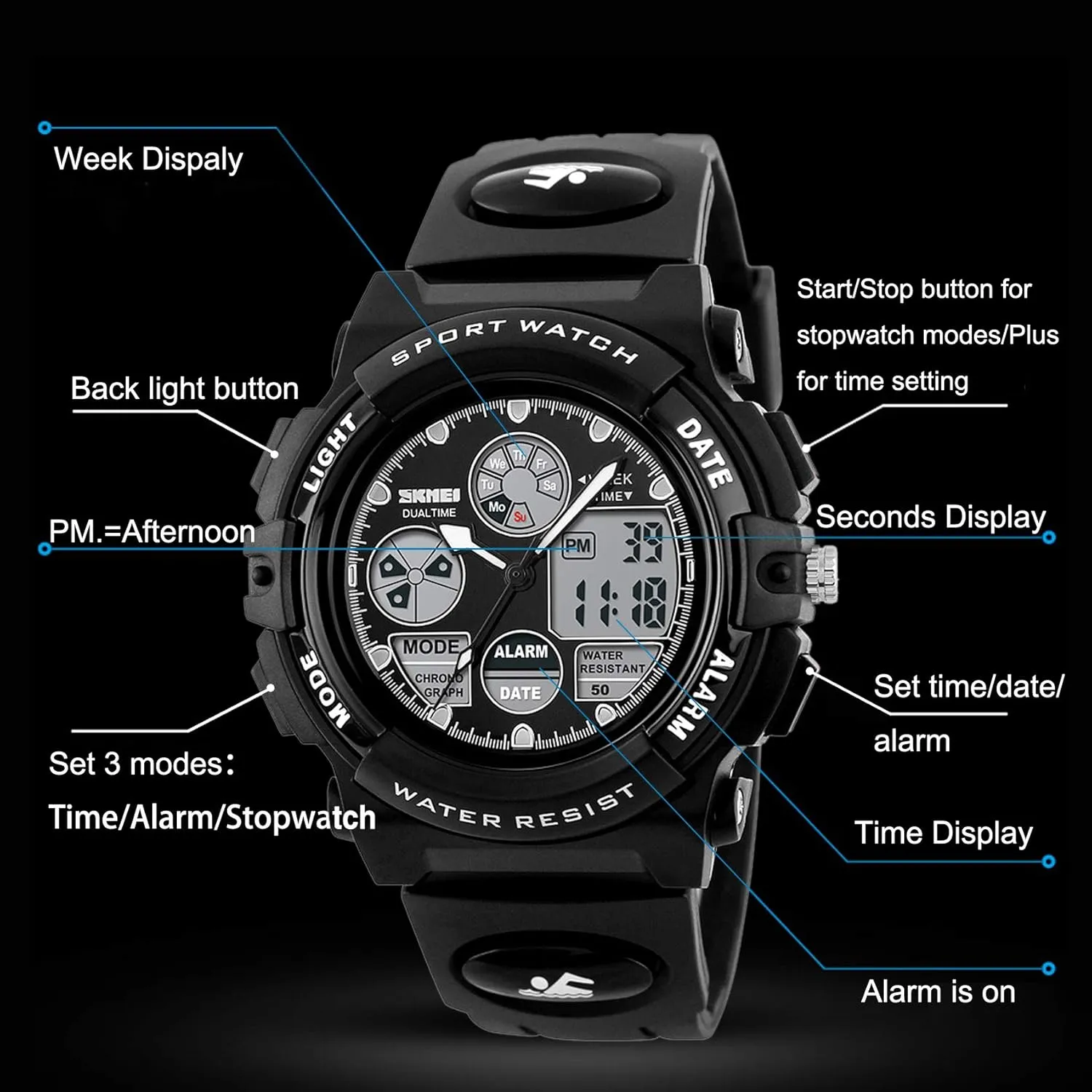 Boys Multi-Function Analog Digital Wristwatch LED Alarm Stopwatch eYotto Kids Sports Watch gravitational strenuous Waterproof 