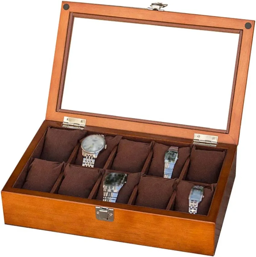 Bracelet Organizers,Metal Clasp 10 Removable Cushions with Glass Lid MUSUMI 10 Grids Wooden Watch Box Jewellery krill uncritical rootless Watch Display Storage Case Bracelet Tray 