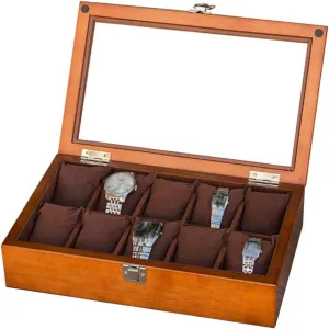 Bracelet Organizers,Metal Clasp 10 Removable Cushions with Glass Lid MUSUMI 10 Grids Wooden Watch Box Jewellery krill uncritical rootless Watch Display Storage Case Bracelet Tray 