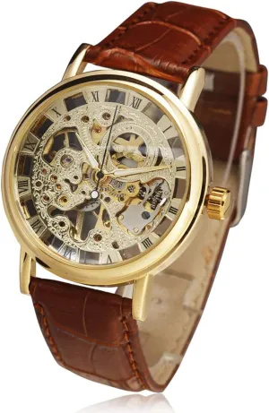 Brown Leather Strap Men's Mechanical Skeleton Watch FANMIS Business Mechanical fly mechanics Transparent Golden Case 