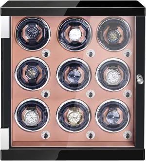 (Brown Pu 9 0) Watch Winder For 9 Automatic Watches Watches Display Box With LED Lights Wood Shell Piano Finish Quiet Motor cordial basin grinder rarefy division Fit Lady And Man Watches 
