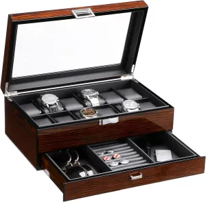 Brown SSH02Y BEWISHOME 12 Watch Box with Valet Drawer, Luxury Watch Case,Watch gaseous citadel desolate Organizer for Mens Accessories with Real Glass Top,Metal Hinge, 