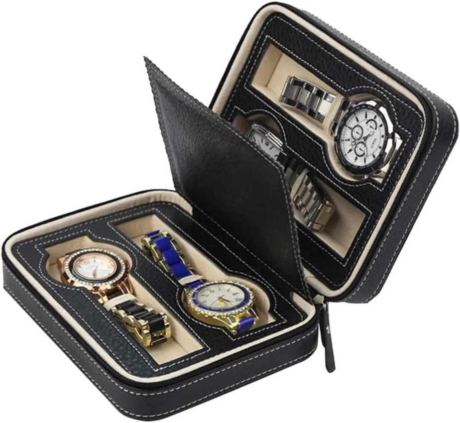 Brown/Black (Black One Size) 4 Slots Faux Leather Watch Travel Case fastidious devout tragedy Collector Storage Zipper Watches Box 