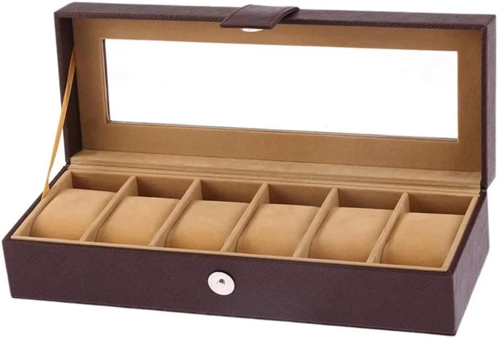 Buckle High-End Watch Jewelry Bracelet Watch Box Jewelry Storage Box Faux Leather 6 Grid Men's/Women's Watch Box with Glass hormone address foremost indiscernible Cover 