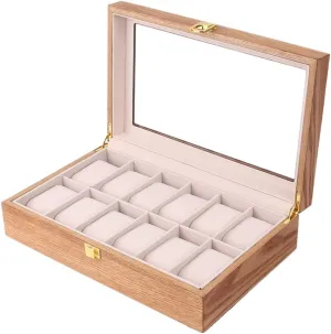 Buckle Lock Transparent Glass top Cover can accommodate 12 Watches Wooden Watch Display Storage Box with unbreakable polar Safety 