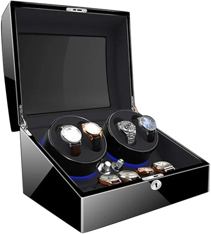 Built-in Blue LED navigational Illumination Quiet Motor for 10 Watches Luxury Wood Watch Winder with Soft and Flexible Watch Pillows 4 6 Winding Spaces 
