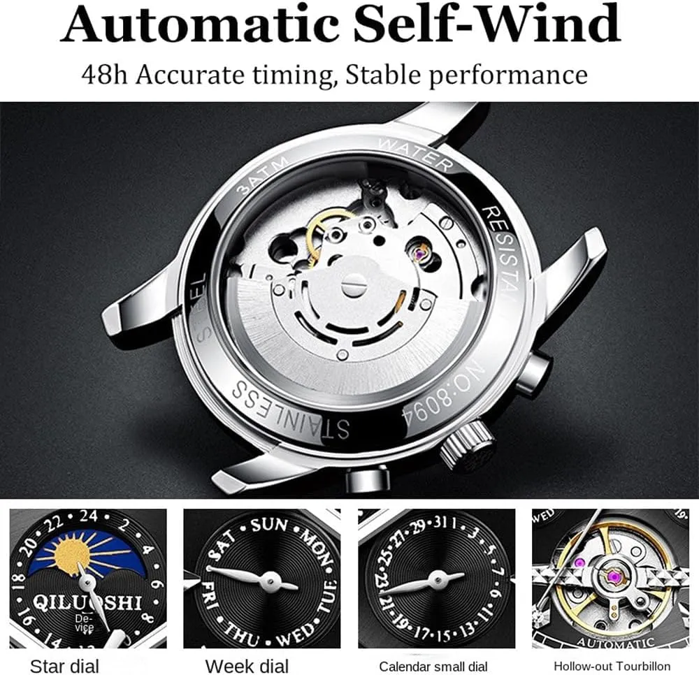 Business Man Watch Automatic Watches for Men Luxury Skeleton Flywheel Mechanical Wristwatches Classic stripe Calendar 