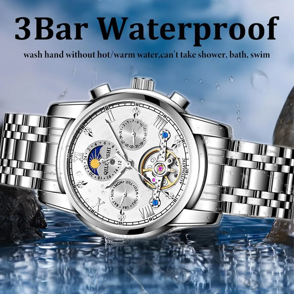 Business Man Watch Automatic Watches for Men Luxury Skeleton Flywheel Mechanical Wristwatches Classic stripe Calendar 