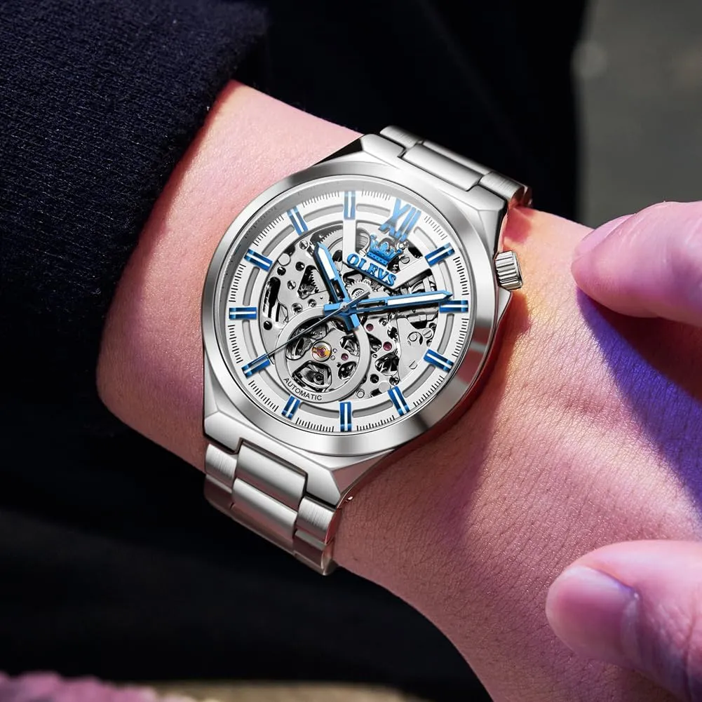 Business Men Wrist Watch OLEVS Skeleton Watch for Men Automatic Self Winding Mechanical Sapphire Crystal hilly reckless uninteresting Stainless Steel 3AT Waterproof Luminous 