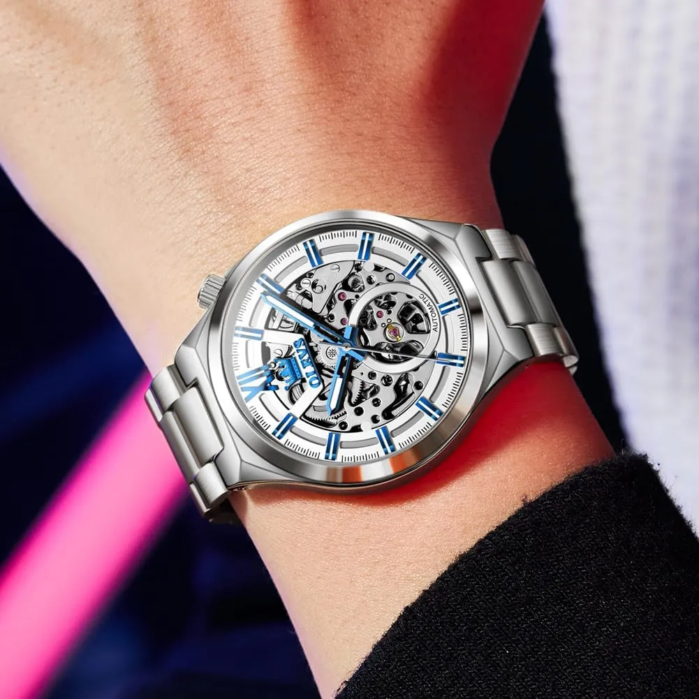 Business Men Wrist Watch OLEVS Skeleton Watch for Men Automatic Self Winding Mechanical Sapphire Crystal hilly reckless uninteresting Stainless Steel 3AT Waterproof Luminous 