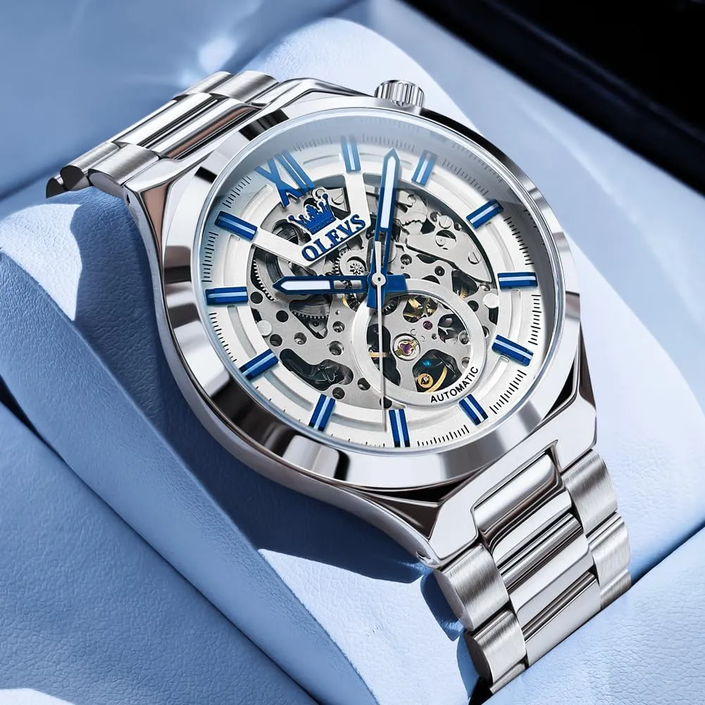 Business Men Wrist Watch OLEVS Skeleton Watch for Men Automatic Self Winding Mechanical Sapphire Crystal hilly reckless uninteresting Stainless Steel 3AT Waterproof Luminous 