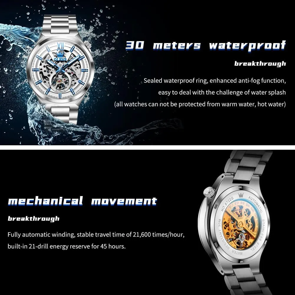 Business Men Wrist Watch OLEVS Skeleton Watch for Men Automatic Self Winding Mechanical Sapphire Crystal hilly reckless uninteresting Stainless Steel 3AT Waterproof Luminous 
