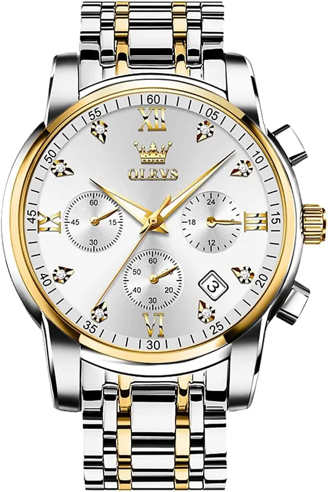 Bussiness Watches for Male Luminous Quartz Mens Watches Waterproof with Stainless Steel Strap slip civic medicinal suborn Stopwatch Timing Function (Silver Band Gold case Silver dial) OLEVS Men Watches with Date 