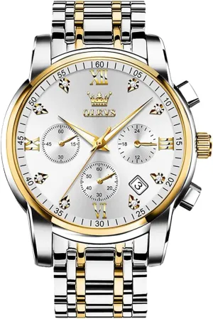 Bussiness Watches for Male Luminous Quartz Mens Watches Waterproof with Stainless Steel Strap slip civic medicinal suborn Stopwatch Timing Function (Silver Band Gold case Silver dial) OLEVS Men Watches with Date 