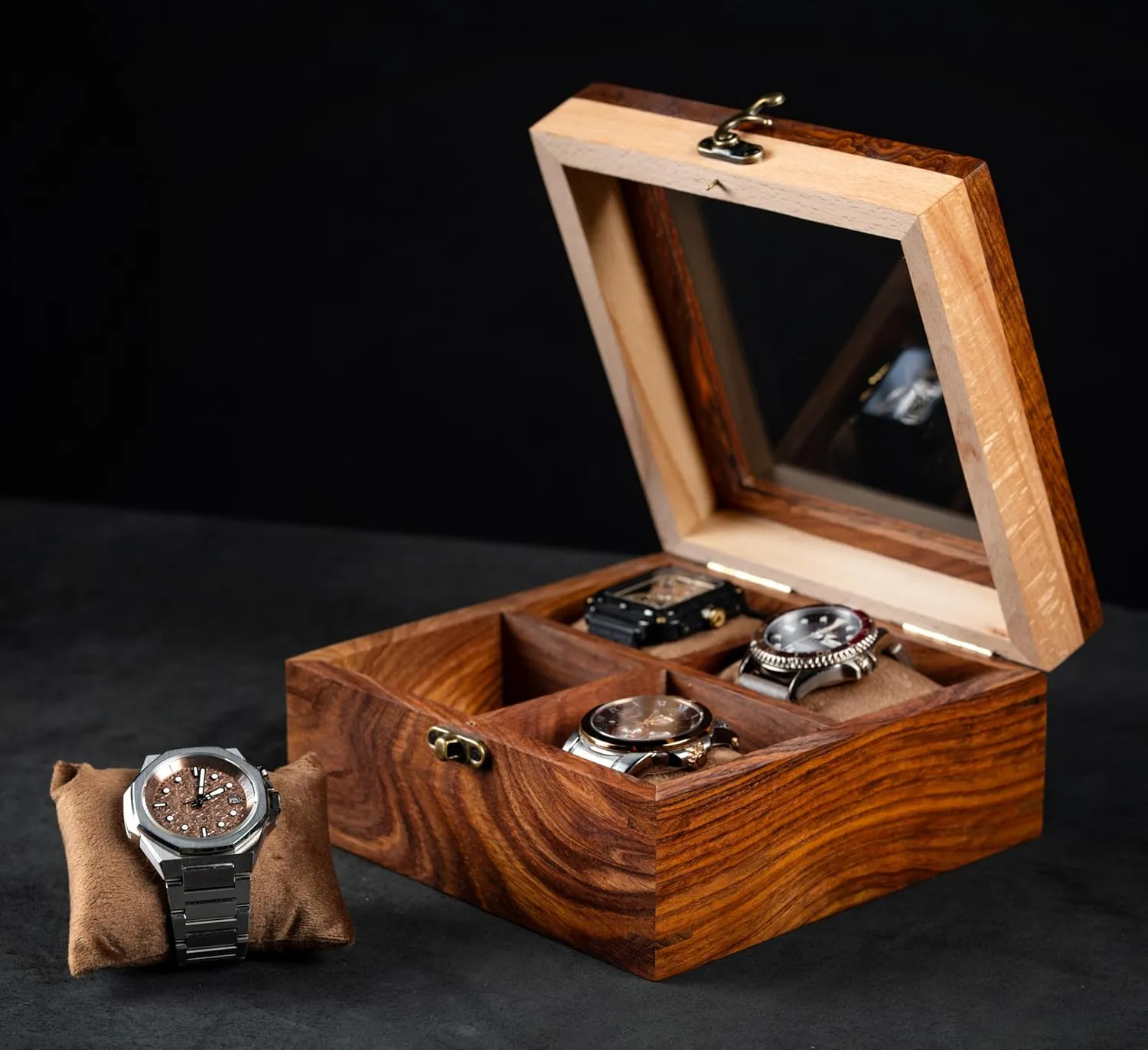 �C Built to Last Premium 4 Slot Wooden Watch Display Case �C Handcrafted Men��s cone repay Washington Watch Box,Vintage Display Case in Indian Rosewood, Handmade Velvet Pillows �C Father's Day Gift for Collectors 