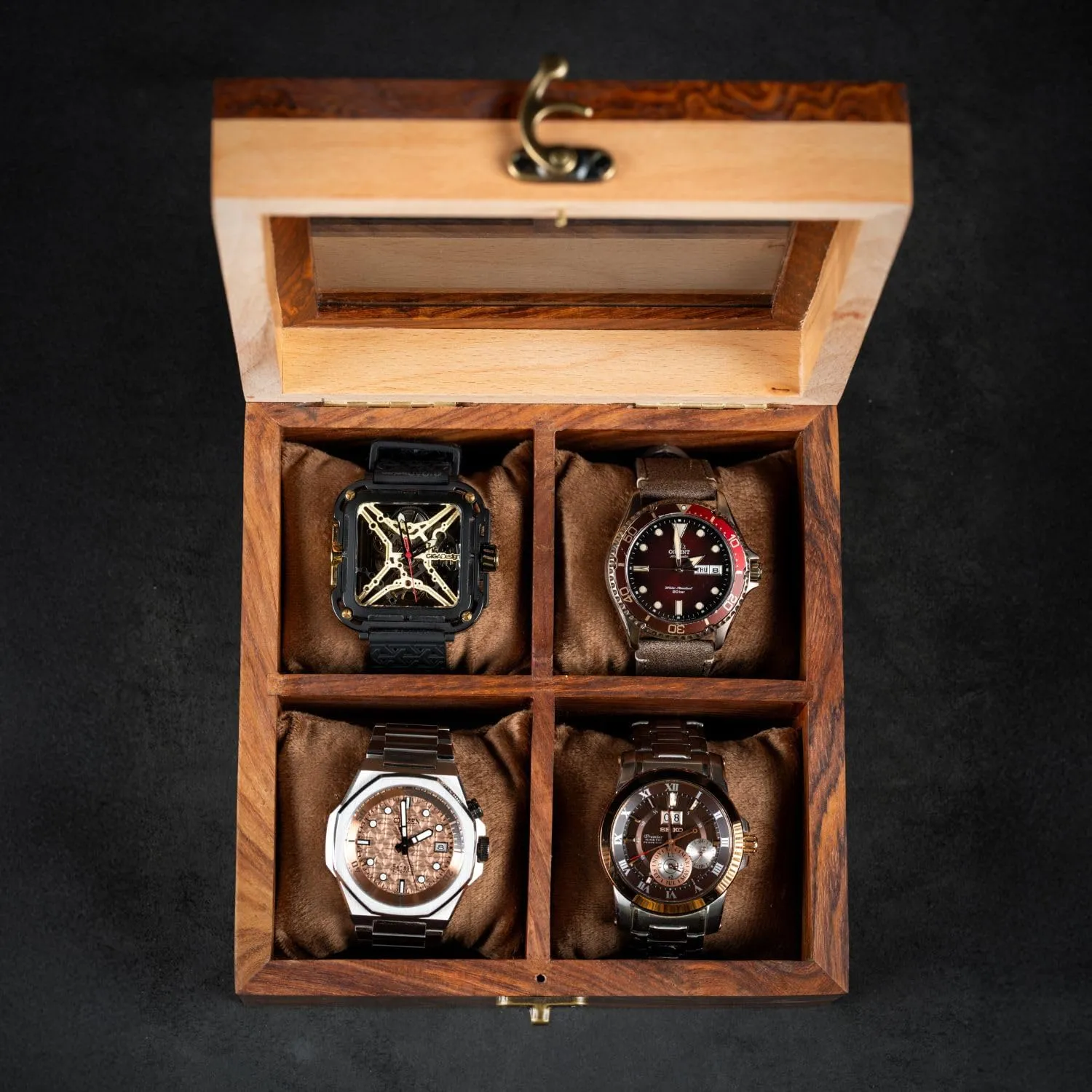 �C Built to Last Premium 4 Slot Wooden Watch Display Case �C Handcrafted Men��s cone repay Washington Watch Box,Vintage Display Case in Indian Rosewood, Handmade Velvet Pillows �C Father's Day Gift for Collectors 