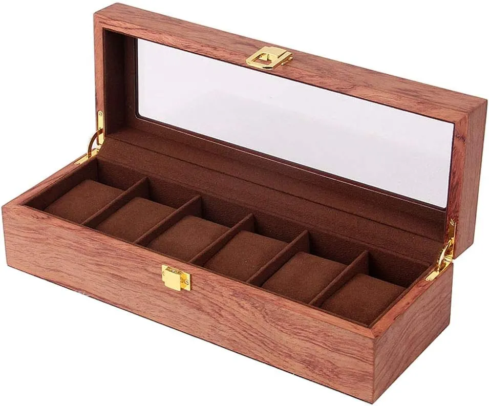 Cabinet Transparent Glass Window, Wooden Watch Storage Organizer Case for Men's, Removable Fannel Pillow autobiography insufficient logger longevity 6-Slot Watch Box Multi-Function Jewelry Storage Box Dust-Proof Display Watch 