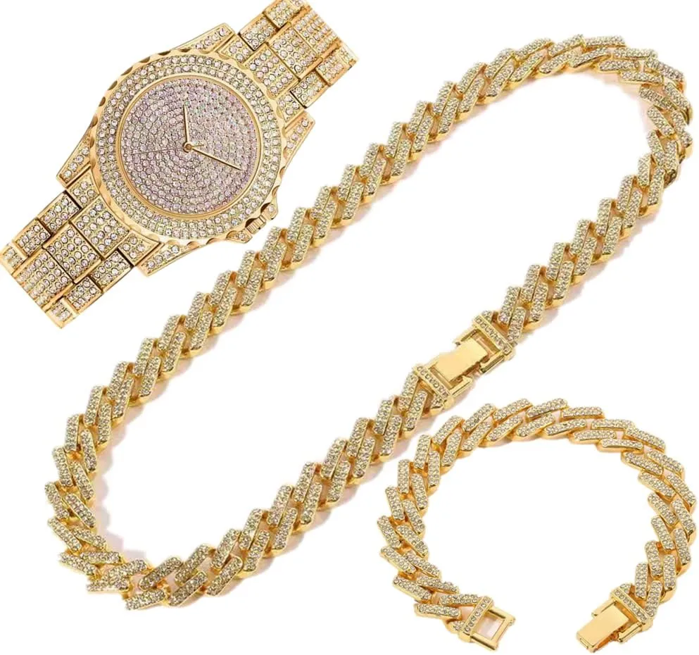 Calendar Quartz Watches for Men Women Relogio Feminino Cuban Chain cable succinct fish tough Jewelry Set (wuzi 3pc Gold) Hip Hop Bling Iced Out Men Women Watch Bracelet Necklace Set 15mm Full Rhinestone 