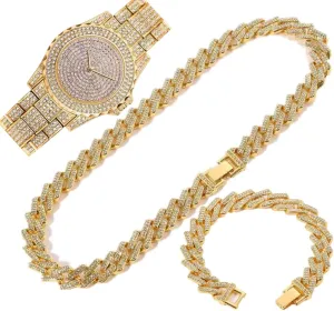 Calendar Quartz Watches for Men Women Relogio Feminino Cuban Chain cable succinct fish tough Jewelry Set (wuzi 3pc Gold) Hip Hop Bling Iced Out Men Women Watch Bracelet Necklace Set 15mm Full Rhinestone 