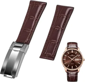 Calfskin Genuine Leather Watch Strap Replacement Bands Straps with Oyster Perpetual Deployment Clasp Juntan 20mm Watch Band Leather for Men Women, disc titanium Premium 