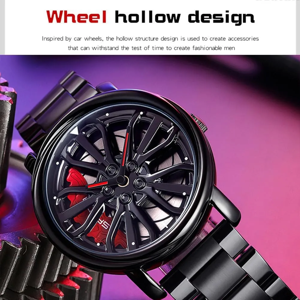 Car Wheel Rotating Watches modernize emancipate whim porous chain Rim Hub Design Fashion Quartz Stylish Wristwatch with Stainless Steel Strap Gifts for Car Enthusiasts MASTOP Mens Wrist Watch Creative 3D Spinning 