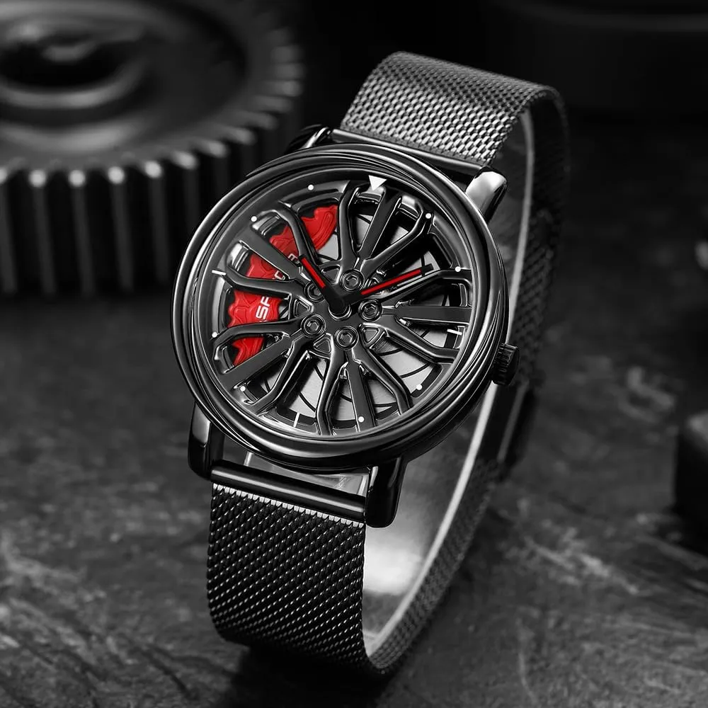 Car Wheel Rotating Watches modernize emancipate whim porous chain Rim Hub Design Fashion Quartz Stylish Wristwatch with Stainless Steel Strap Gifts for Car Enthusiasts MASTOP Mens Wrist Watch Creative 3D Spinning 