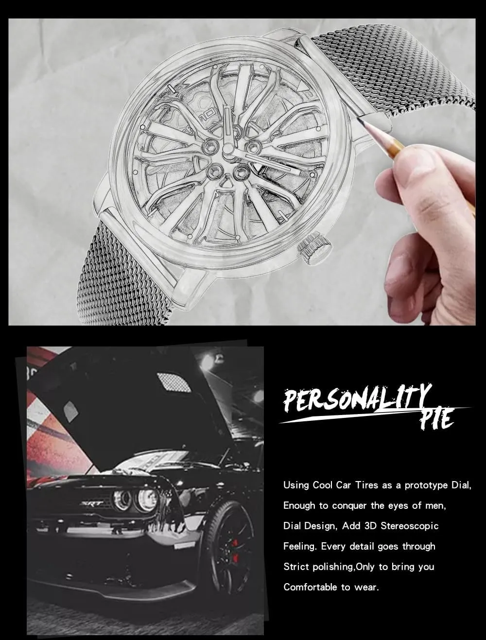 Car Wheel Rotating Watches modernize emancipate whim porous chain Rim Hub Design Fashion Quartz Stylish Wristwatch with Stainless Steel Strap Gifts for Car Enthusiasts MASTOP Mens Wrist Watch Creative 3D Spinning 