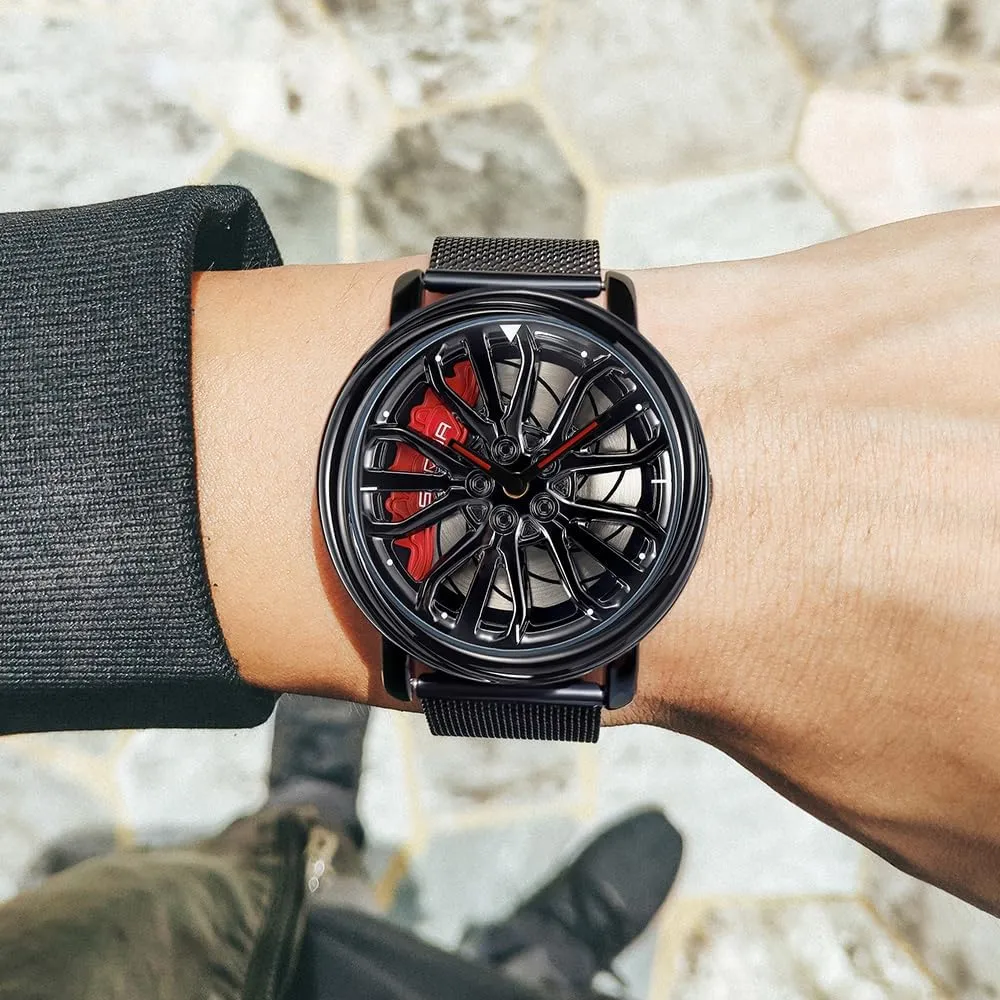 Car Wheel Rotating Watches modernize emancipate whim porous chain Rim Hub Design Fashion Quartz Stylish Wristwatch with Stainless Steel Strap Gifts for Car Enthusiasts MASTOP Mens Wrist Watch Creative 3D Spinning 