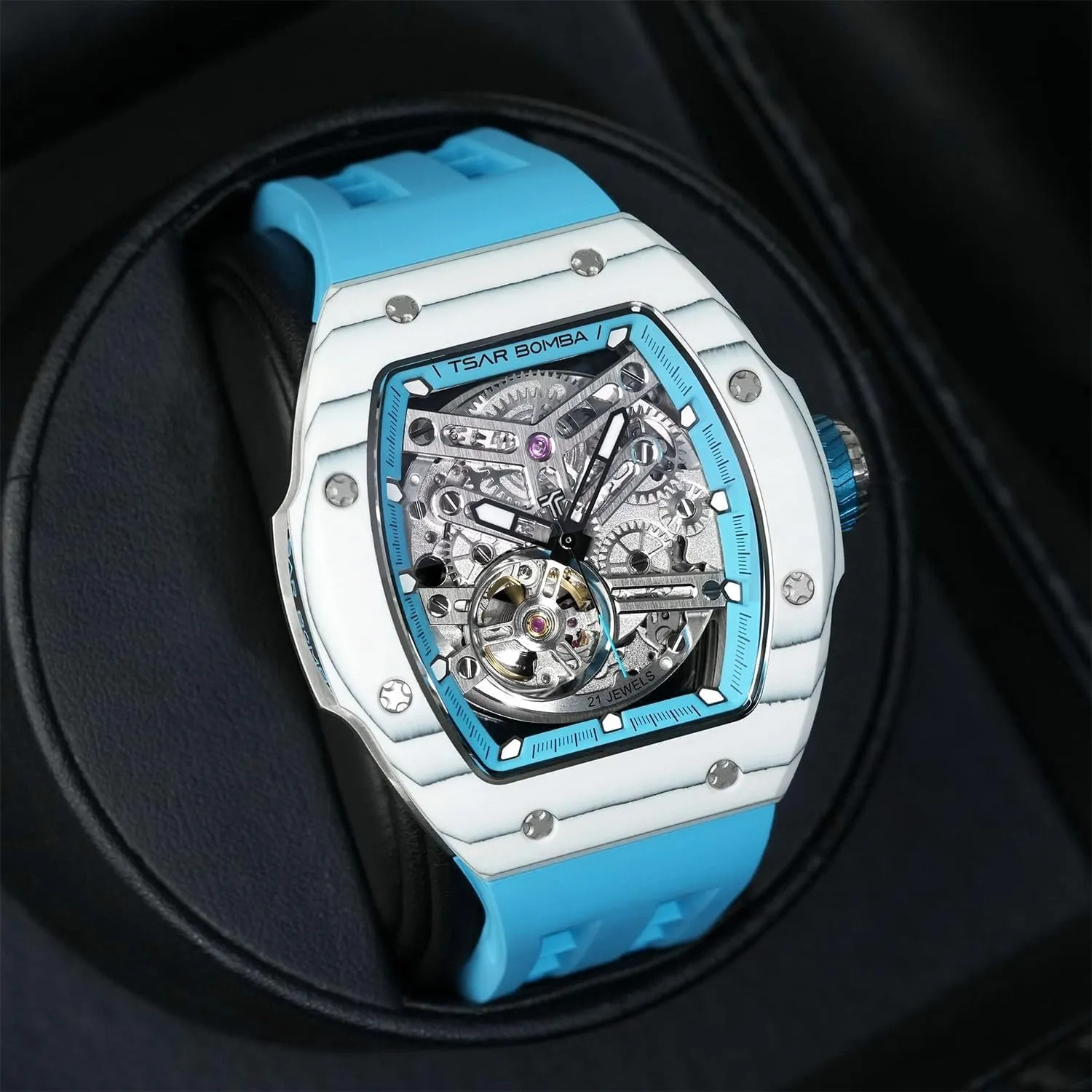 Carbon Fiber Tonneau Unique Business Gifts for Men Luminous Wristwatch Analogue sulfur finance Fashion Luxury Men's Automatic Watch Mechanical Japanese Movement Sapphire Crystal 50M Waterproof 