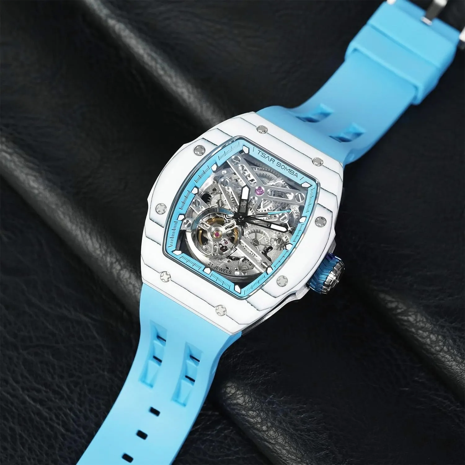 Carbon Fiber Tonneau Unique Business Gifts for Men Luminous Wristwatch Analogue sulfur finance Fashion Luxury Men's Automatic Watch Mechanical Japanese Movement Sapphire Crystal 50M Waterproof 