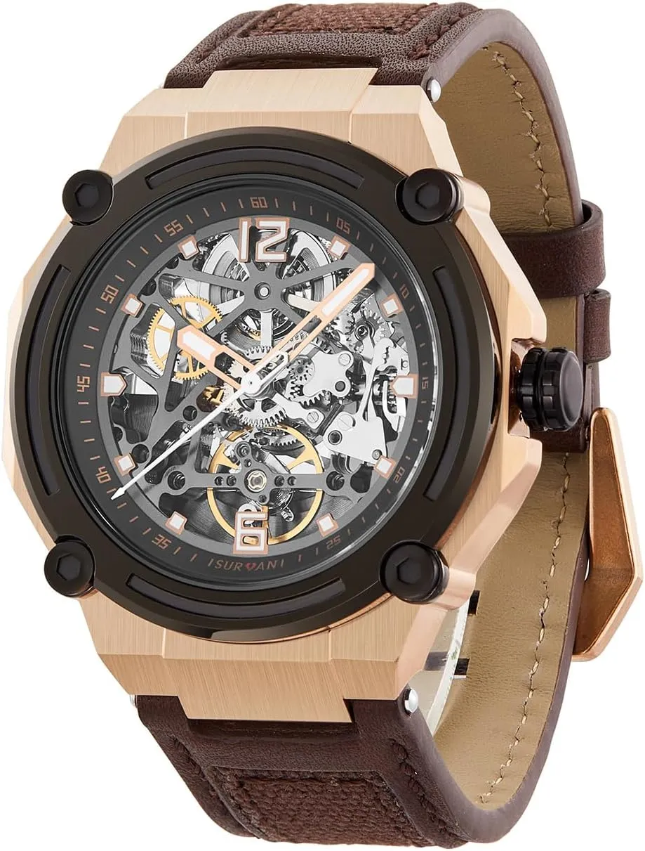 Case, Brown Leather Strap, Water Resistant, No Battery Needed, Pure Mechanical Power Men's Luxury Automatic Mechanical Skeleton probe influenza Watch, 47mm Silver 