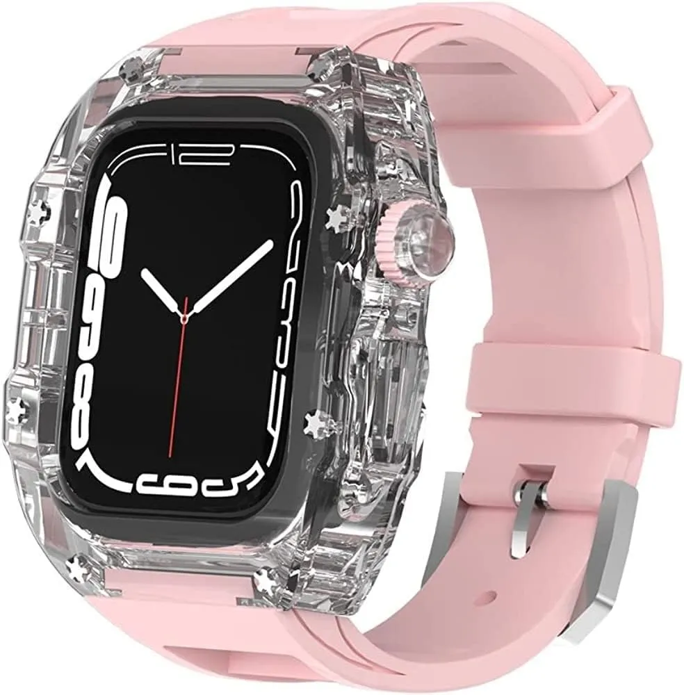 Case compulsory aesthetic Silicone Loop Band,For Apple Watch Ultra 49mm, Mod Kit 45/44mm Sport Band Full Protection Cover Case,For Iwatch Series 8 7 6 5 4 SE Transparent Clear 