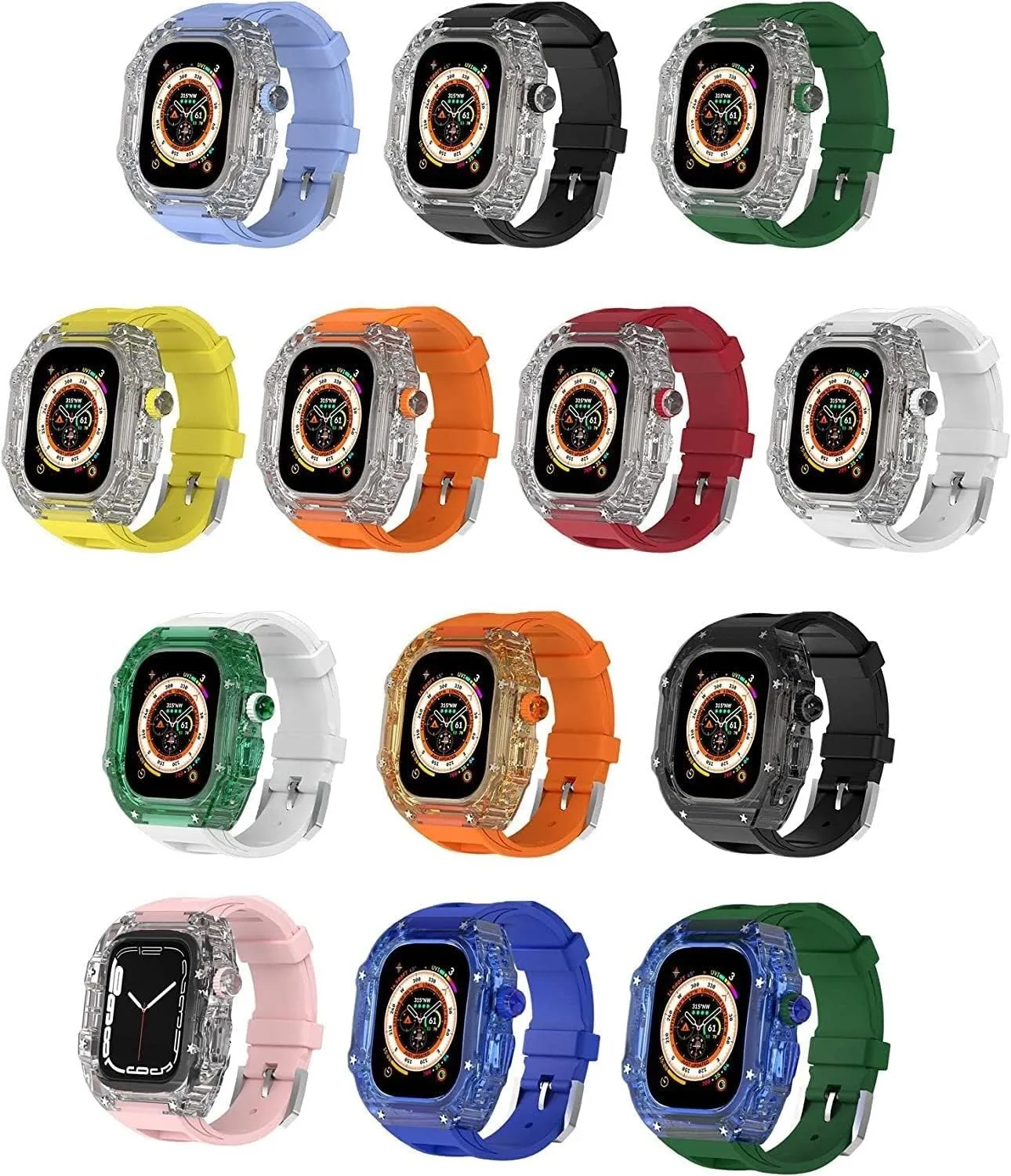Case compulsory aesthetic Silicone Loop Band,For Apple Watch Ultra 49mm, Mod Kit 45/44mm Sport Band Full Protection Cover Case,For Iwatch Series 8 7 6 5 4 SE Transparent Clear 